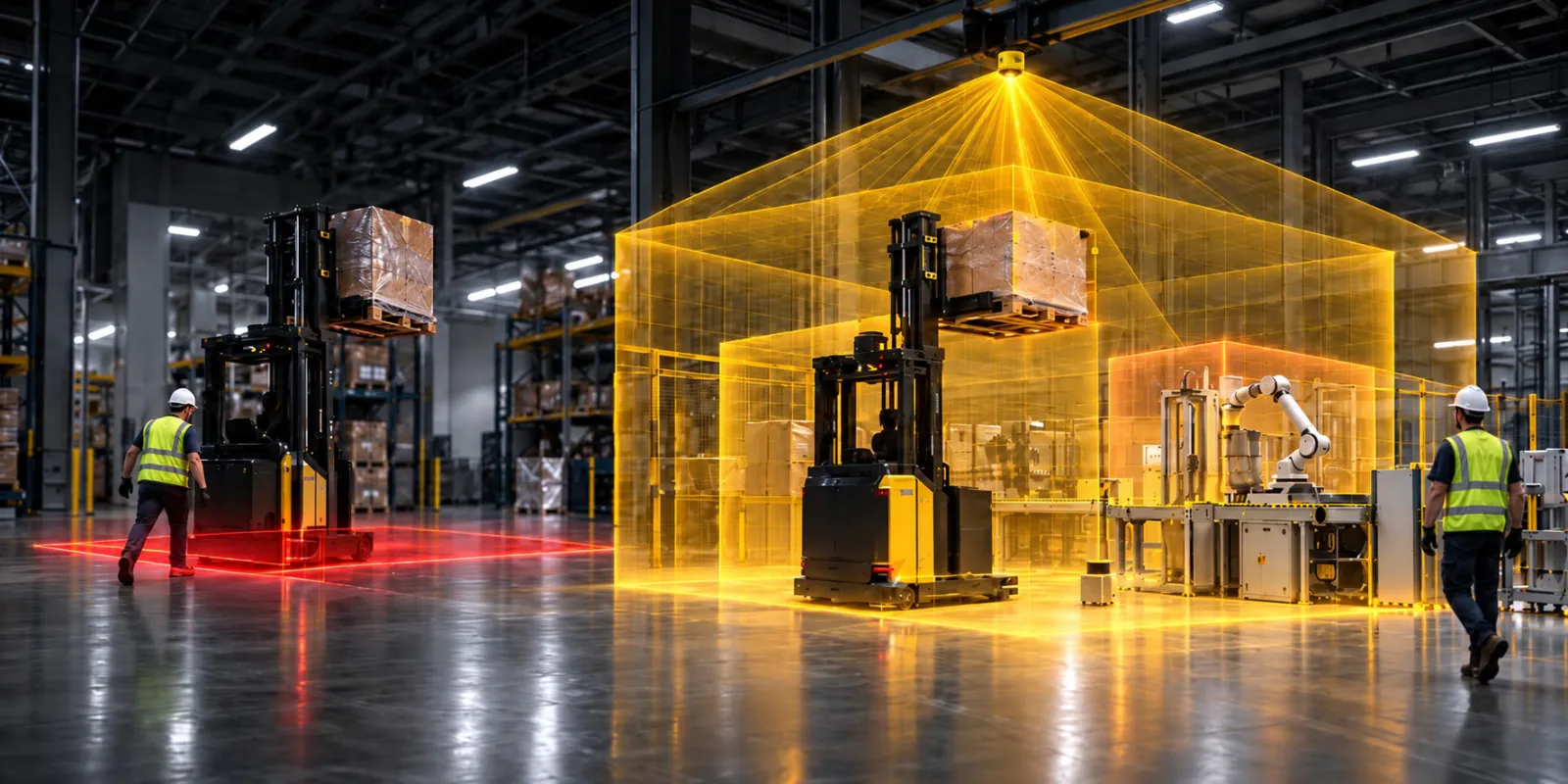 Flat red 2D floor-level safety zone next to an overhead 3D LiDAR volumetric safety zone surrounding a reach truck and robotic cell