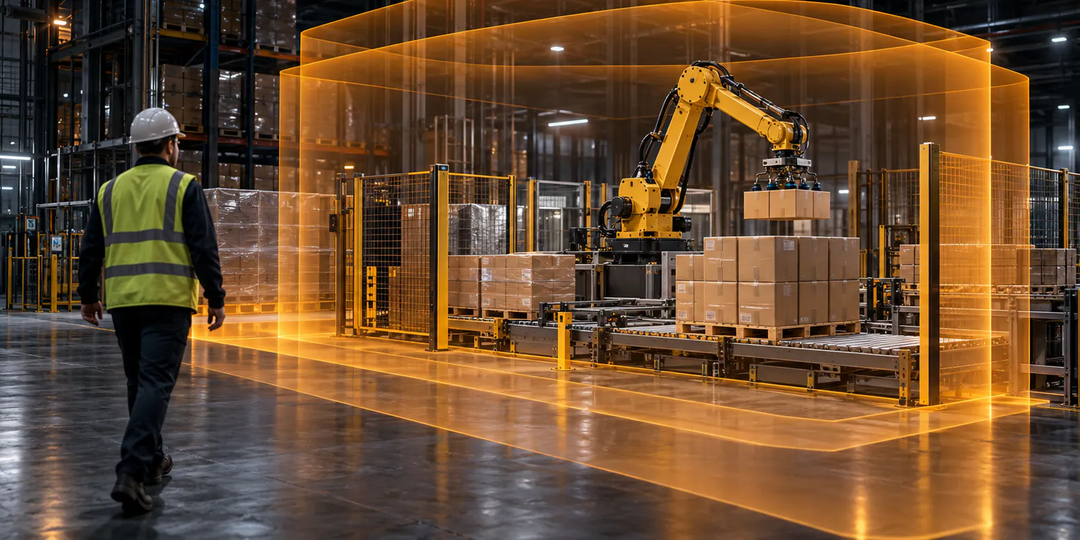 Robotic palletizing cell protected by a 3D LiDAR volumetric safety field as a worker walks past on the warehouse floor