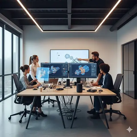Industrial design team working with 3D mechanical CAD software displaying detailed engineering models and technical blueprints on multiple monitors