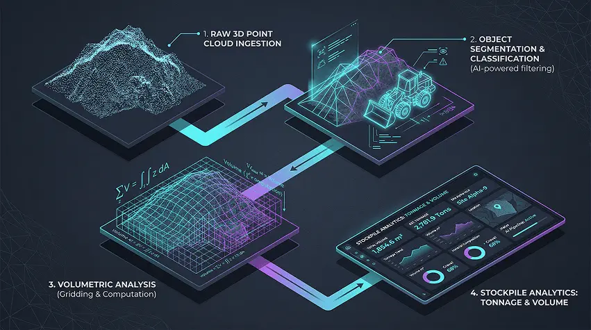 How 3D point cloud scans are processed through volumetric analysis to calculate stockpile tonnage and volume