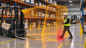 Forklift-mounted 3D safety-rated LiDAR projecting a volumetric safety field that detects a worker walking through a warehouse aisle