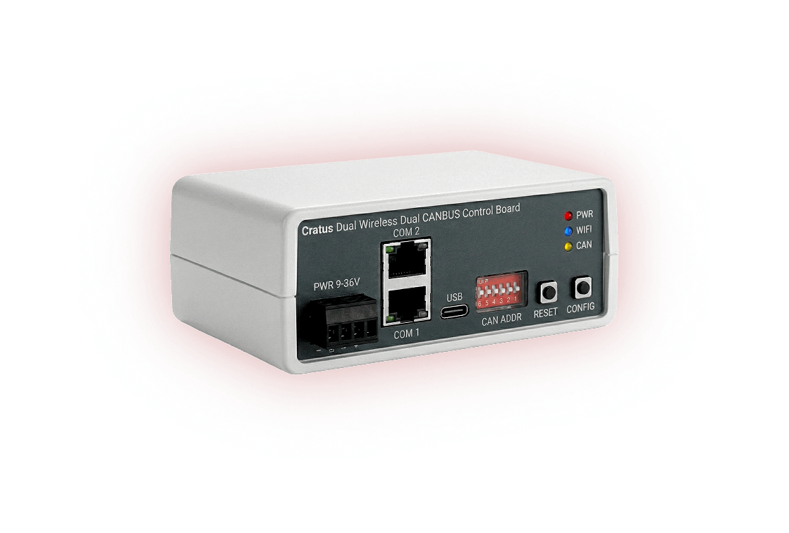 Cratus Dual Wireless Dual CANBUS Control Board — top-down view showing ARM Cortex-M7 processor, dual CAN FD ports, and dual ESP32-S3 wireless modules