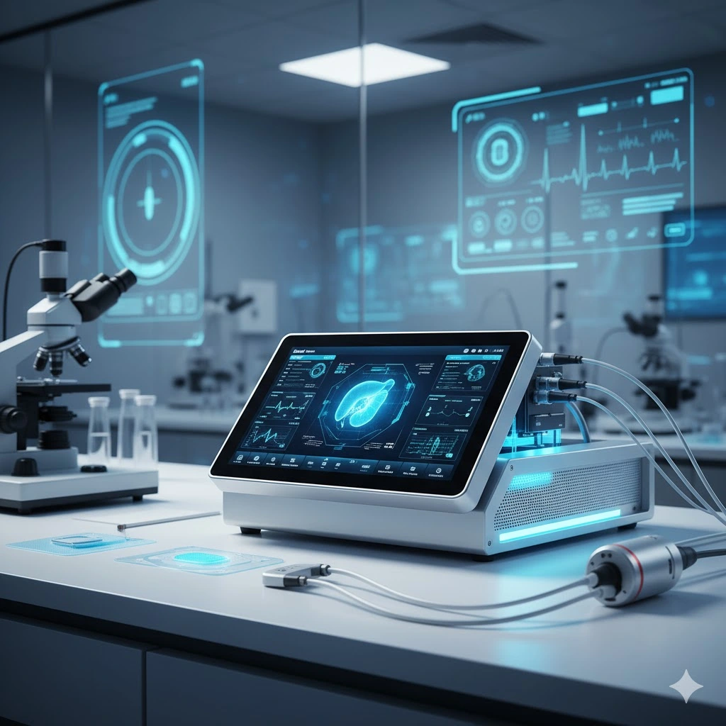 Medical device hardware integration featuring holographic diagnostic displays, microscope, and advanced monitoring equipment in modern laboratory setting