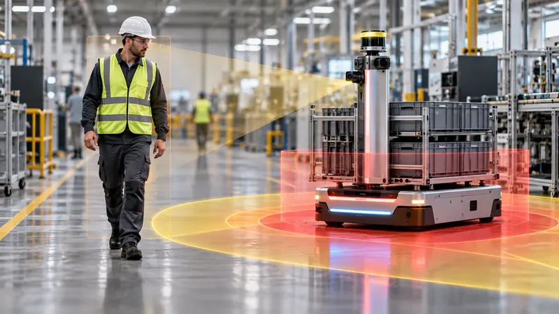 Autonomous mobile robot slowing down as a worker enters its safety zone