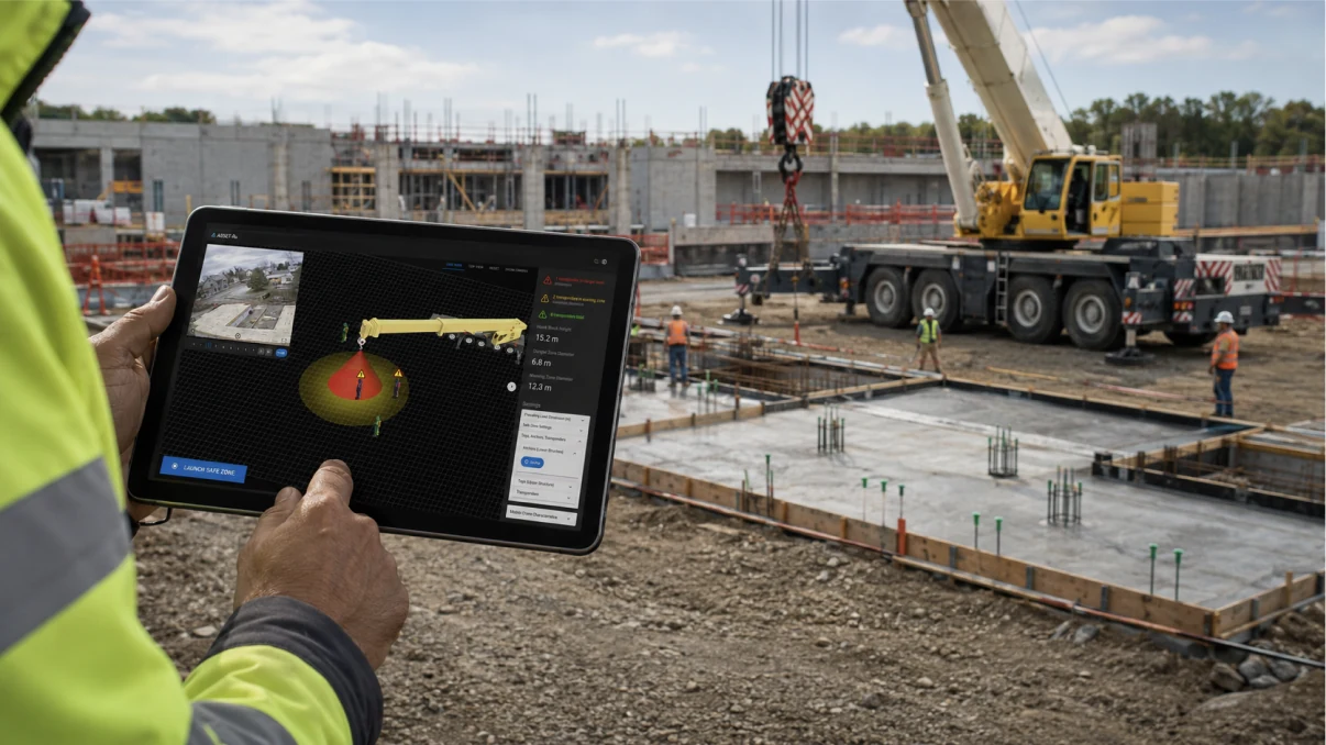 Construction worker using an ASSET-Rx tablet to set a crane safe zone on an active job site
