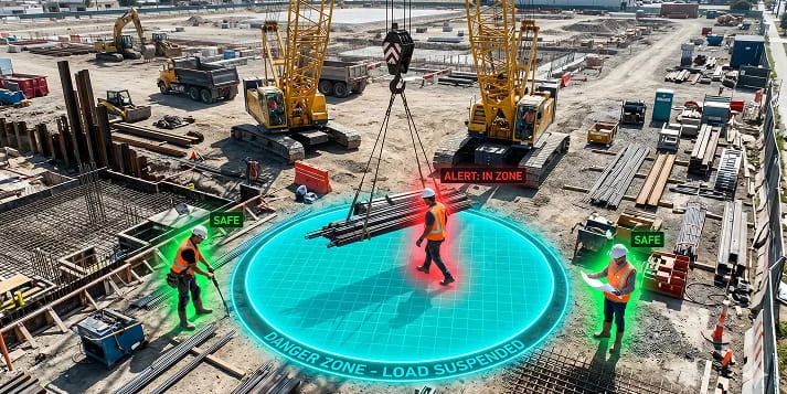 Construction site with a machine-vision danger zone overlay: a worker inside a suspended-load exclusion zone flagged in red, workers outside marked safe in green