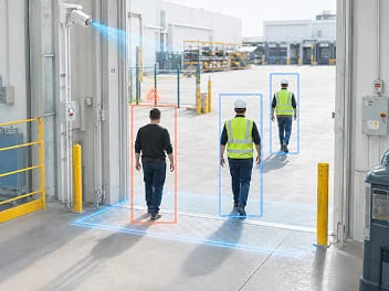 Camera-based PPE compliance check at a facility entry point