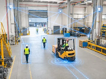 EDGE vision fused with UWB positioning tracking a forklift and workers