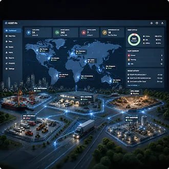 ASSET-Rx fleet dashboard with a world map and per-site status