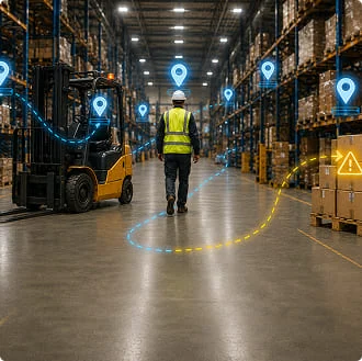 Historical movement paths of a forklift and worker across a warehouse