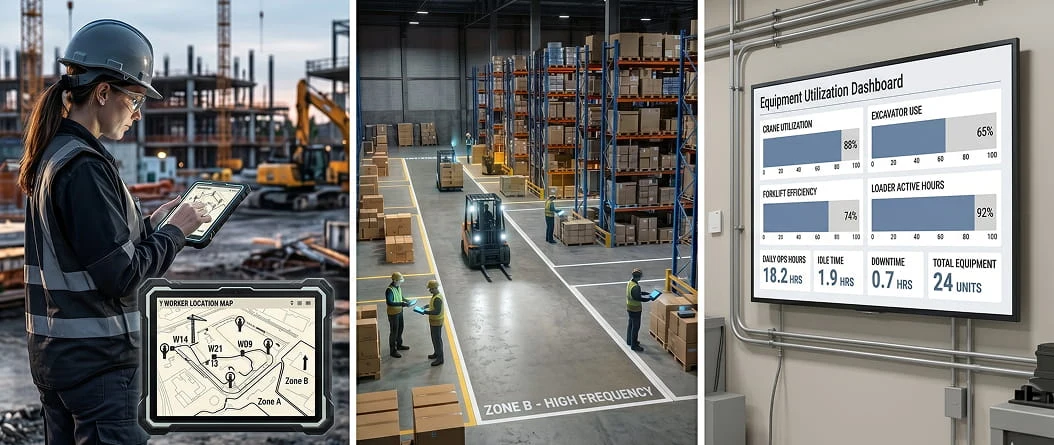 Warehouse RTLS zone with tracked forklift and assets