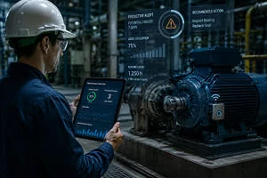 Technician using an ASSET-Rx tablet beside an industrial motor