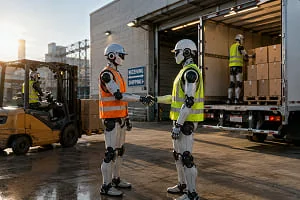 Two workers completing a location-verified asset transfer at a delivery truck