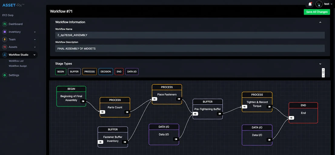 ASSET-Rx Workflow Studio builder showing a final-assembly workflow with begin, process, buffer, and end stages
