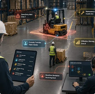 Real-time zone-entry and workflow deviation alerts around a forklift