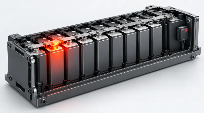 Battery pack with a single overheating cell glowing red before pack-level sensors react