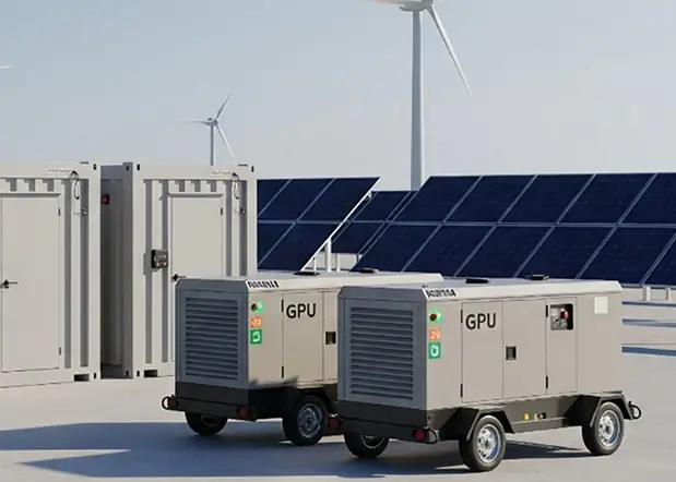 Industrial battery enclosure containers and mobile GPU units at renewable energy facility with solar panels and wind turbines for distributed power storage