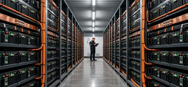 Engineer walking through a battery energy storage facility lined with rack-mounted battery modules
