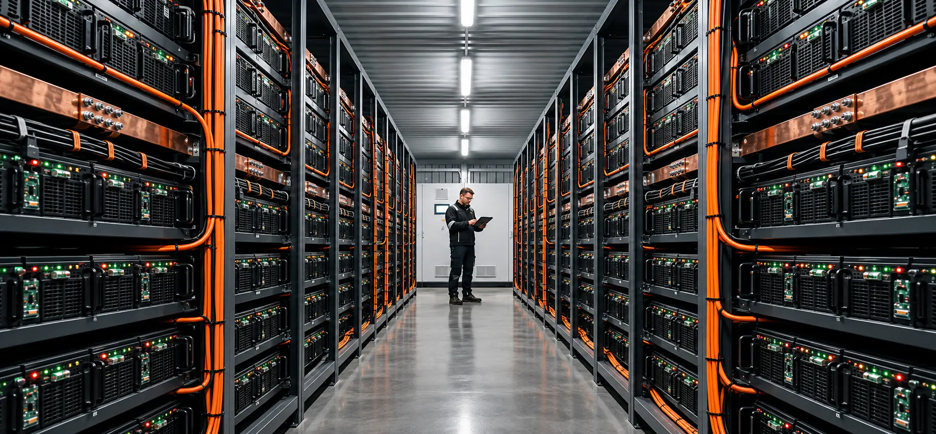 Engineer walking through a battery energy storage facility lined with rack-mounted battery modules