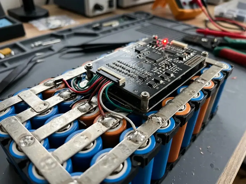 Battery pack prototype with cylindrical cells, nickel strips and a BMS board on an engineering bench