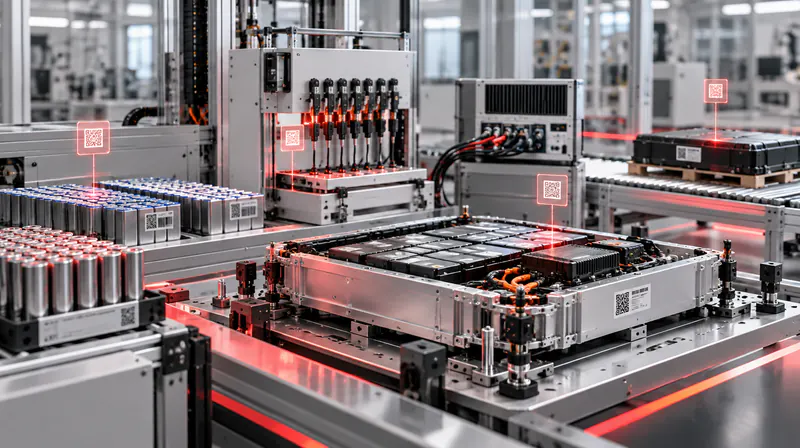 Battery pack end-of-line test station with cell grading equipment on a production floor