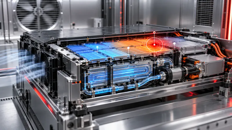 Battery pack thermal view showing hot and cool zones with cooling fans and liquid cooling lines