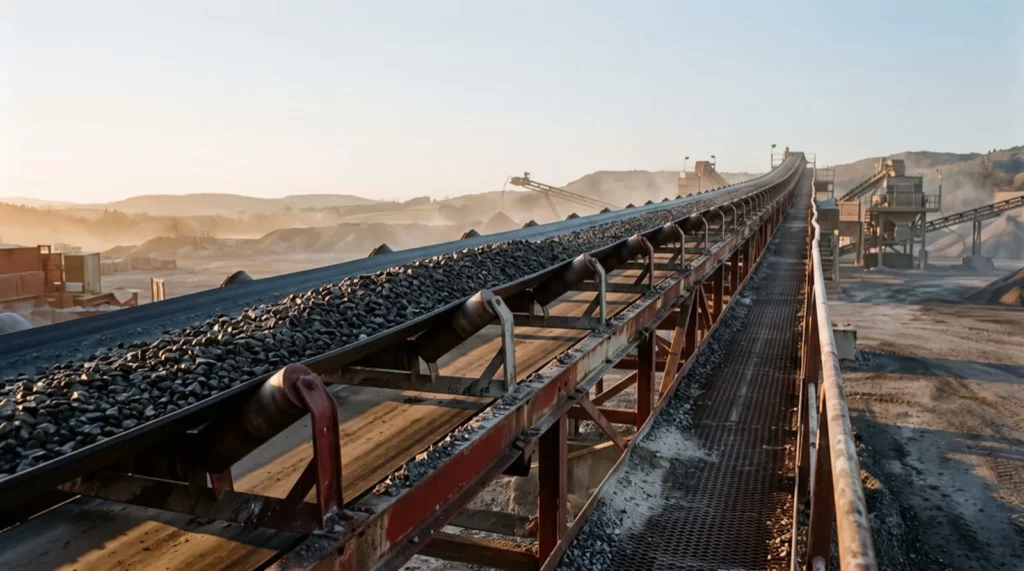 Loaded conveyor belt running through an aggregate processing plant, carrying crushed stone past steel idler frames