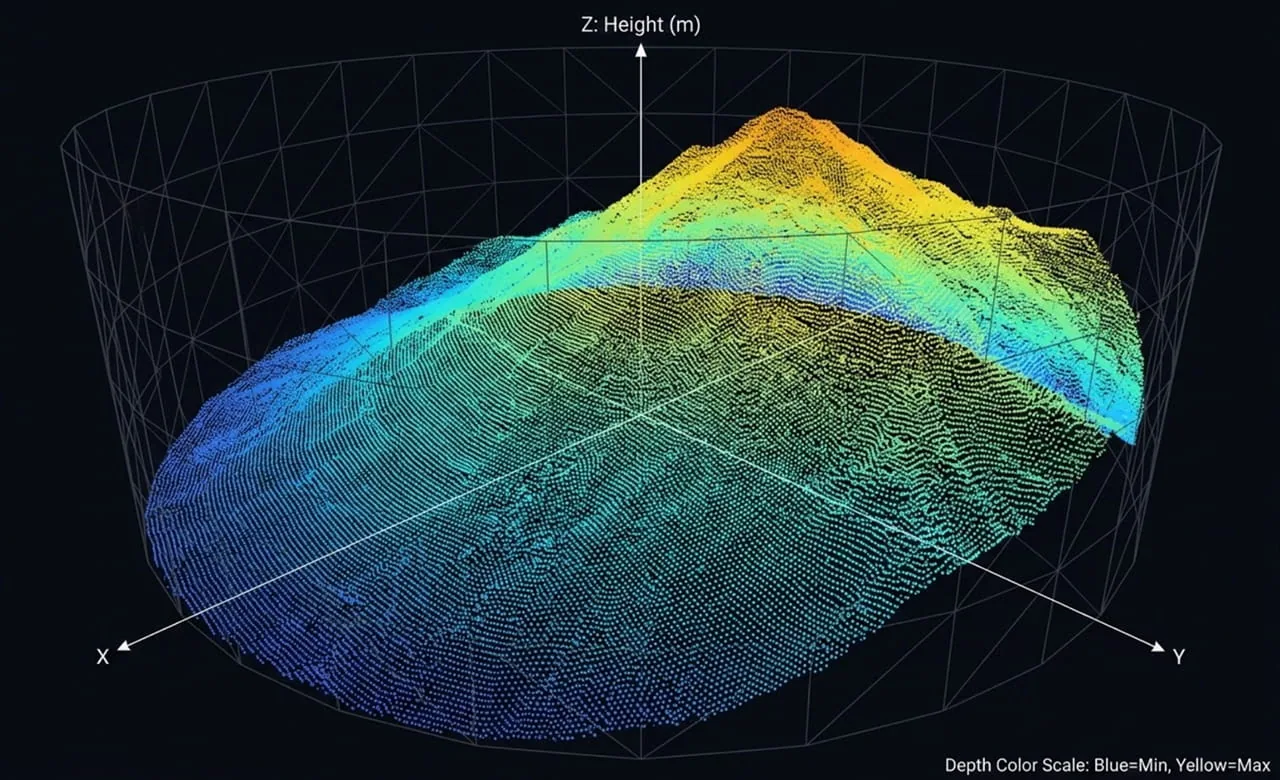 3D point cloud of the material surface inside a cylindrical bin, colored from blue (low) to yellow (high)