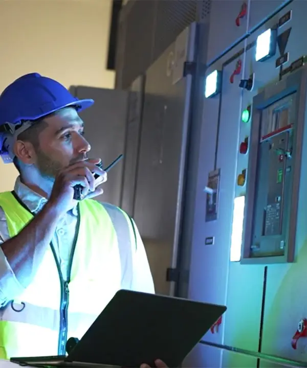 Engineer in safety gear monitoring battery management system control panel with real-time voltage and temperature data