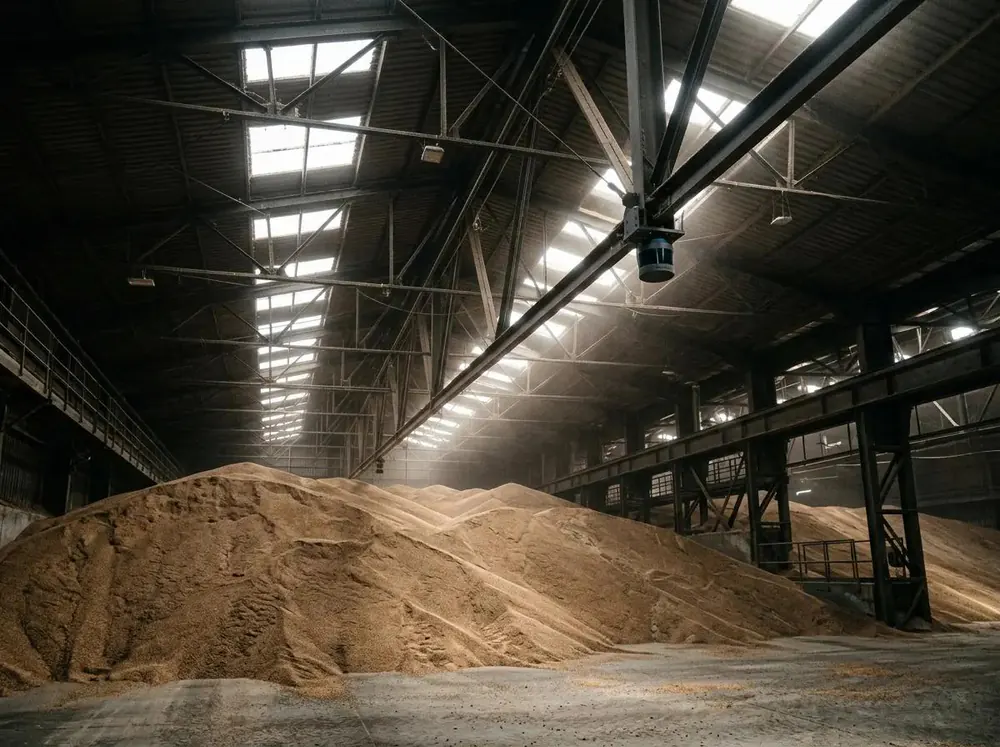Bulk material stockpile inside a warehouse lit through skylights