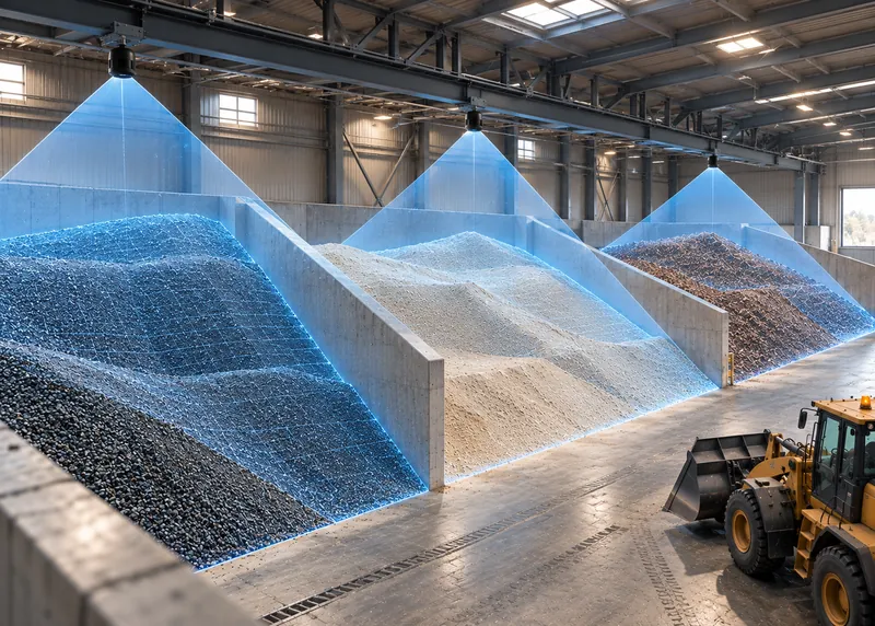 Blue point-cloud overlay across three piles inside a warehouse