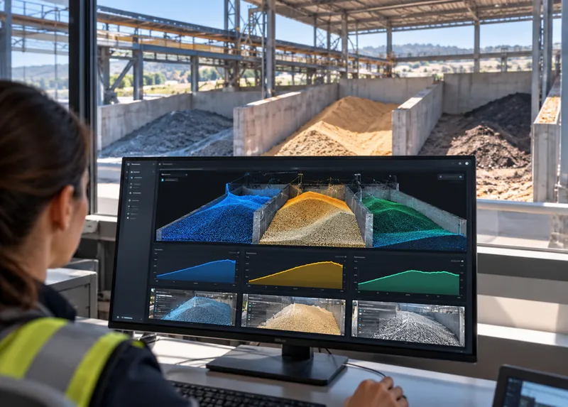 Operator at a monitor showing colored volume maps of several bunkers