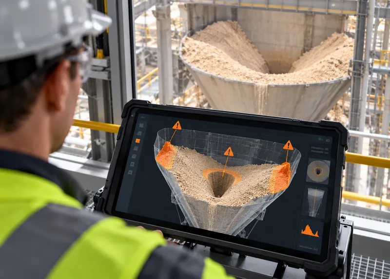 Worker with a tablet showing a 3D model of a bunker crater with alerts