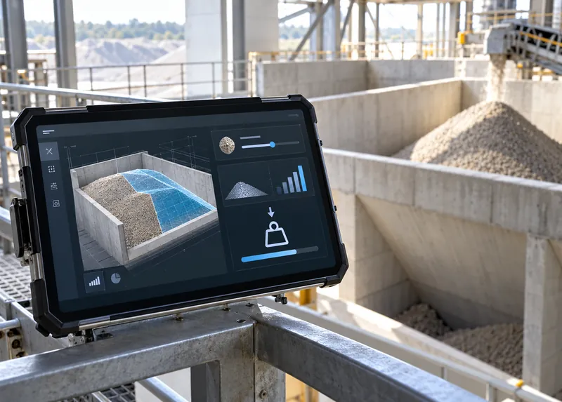 Tablet showing a 3D bin model and fill level with a hopper behind it