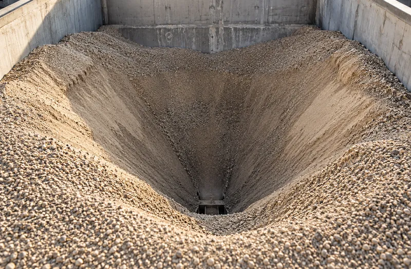 Crater at the center of a bunker as material is drawn out from below