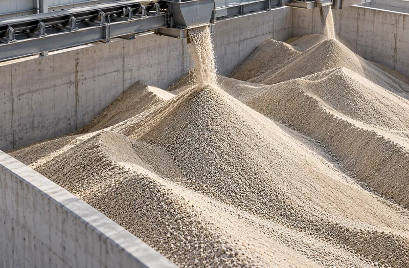 Material pouring into a bunker and building uneven peaks
