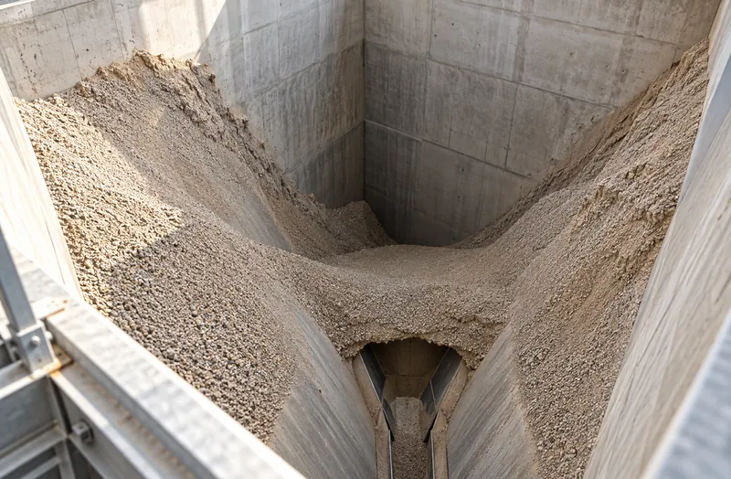 Bunker with a funnel-shaped bottom and an uneven material surface