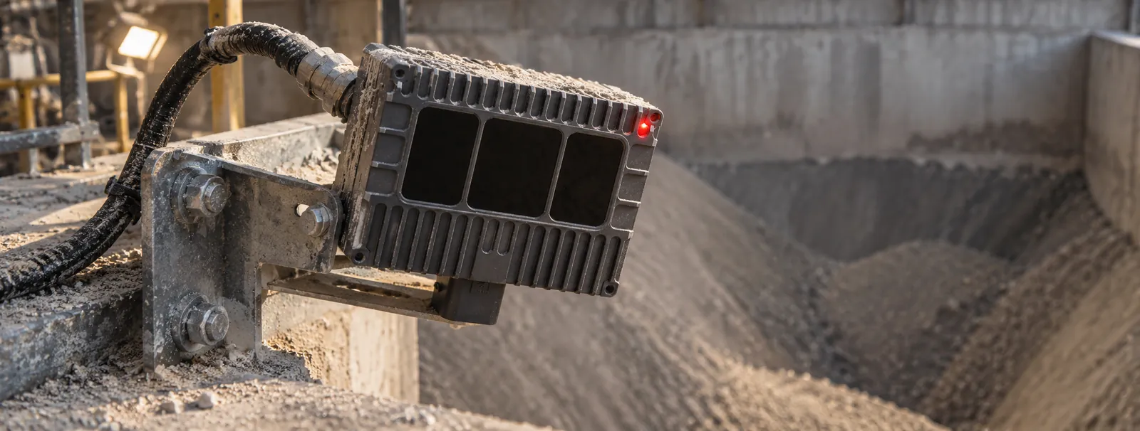 LiDAR sensor on a bracket looking at material in a bunker