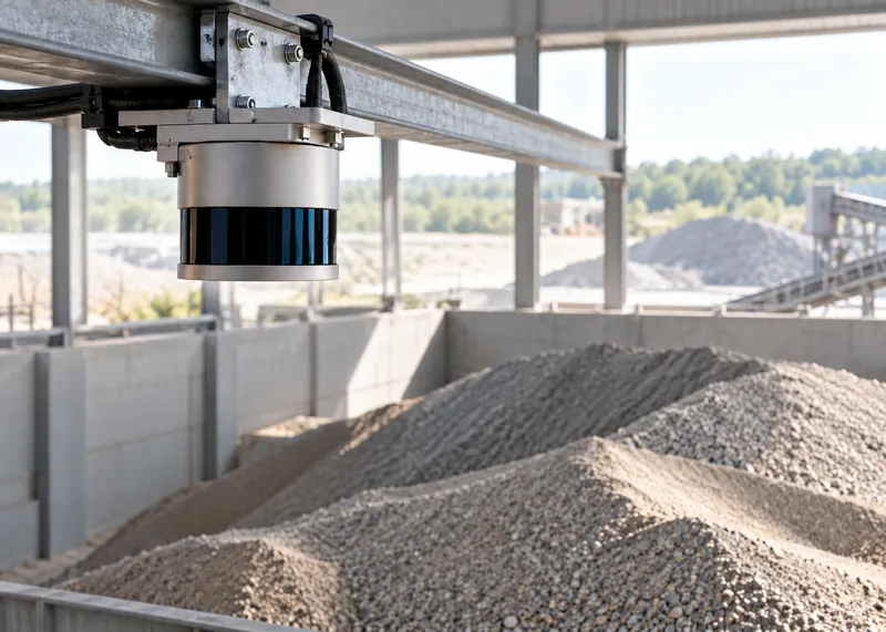 LiDAR sensor on a bracket above a storage bay with a pile of gravel