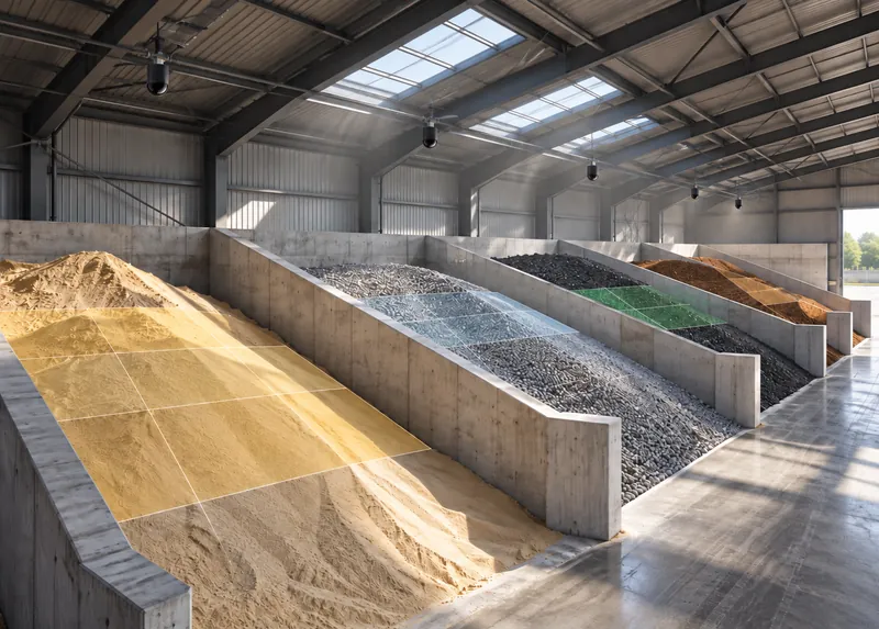 Storage bays with sand, gravel and other materials, each marked with a colored overlay