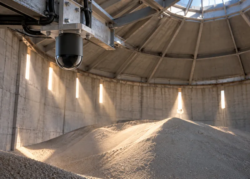 Dome camera on the wall of a round storage dome above a pile of material