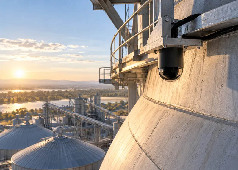 Dome camera on a silo wall with an industrial site in the background at sunset