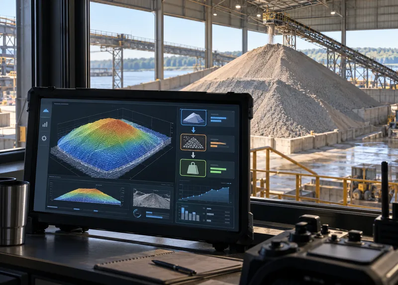 Rugged tablet showing a 3D heat map of a stockpile beside an outdoor yard