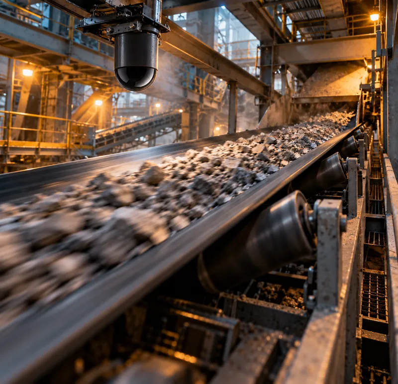 Dome camera above a conveyor carrying stone in a processing plant
