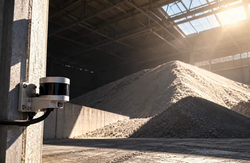 LiDAR sensor mounted on a concrete pillar facing a sunlit gravel pile inside a dark storage building