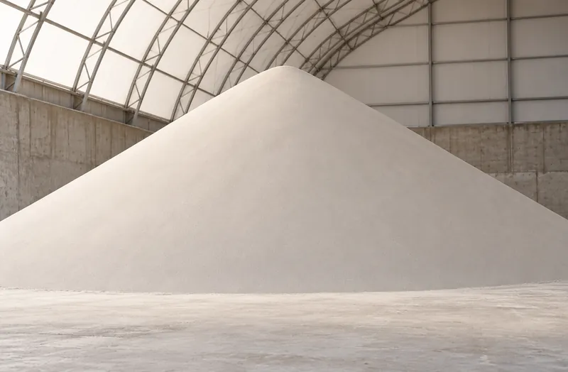 Smooth cone of white salt under a domed storage roof, a surface with almost no texture