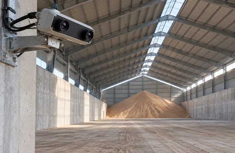 Stereo camera on a pillar looking down a long open-sided storage building with a pile of grain