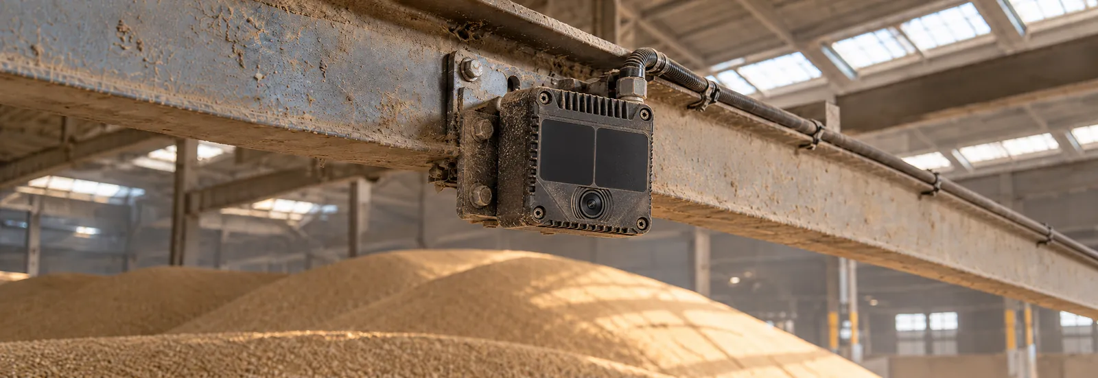 Compact sensor mounted on a steel beam above a pile of grain in a storage building