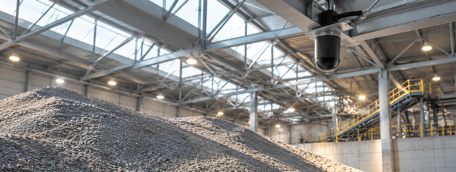 Dome camera hanging from the ceiling of a large hall above a pile of crushed stone