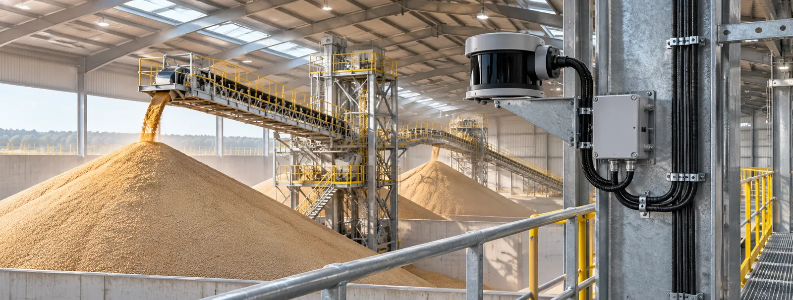 LiDAR sensor on a steel column beside a conveyor and a golden pile of grain